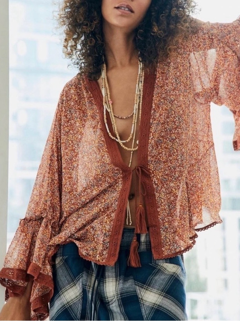 Free People Boho Rust Orange Floral Print Ruffle Kimono Cardigan Extra Large